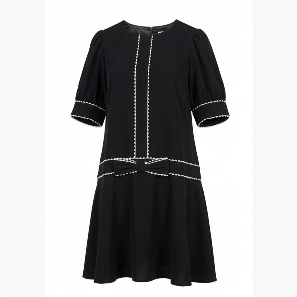 entro Black Mini Dress with White Scallop Trim and Waist Bow Accent